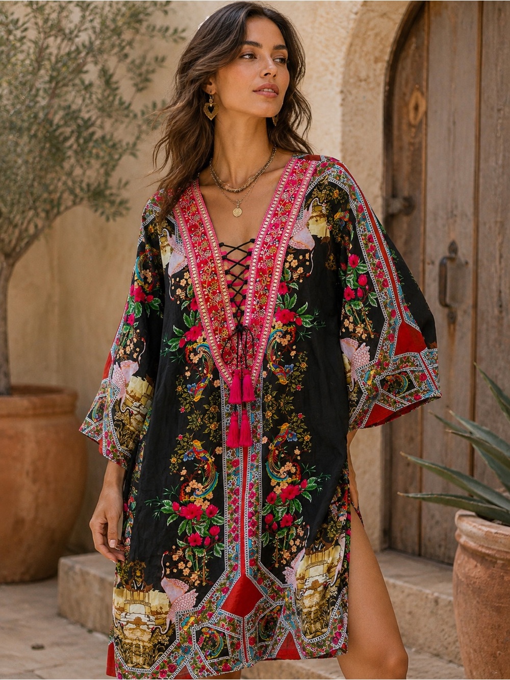 Vogue Cotton Exotic Print Lace-Up Caftan Cover Up Dress SIZE LARGE
